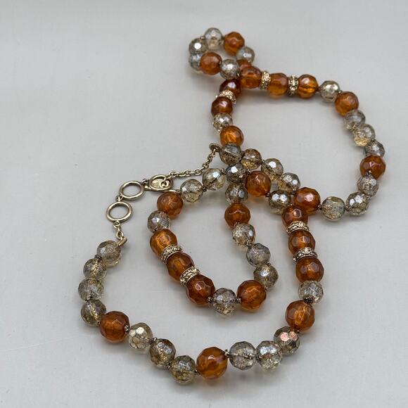 Vintage Monet Brown Honey Gold Tone Faceted Glass Bead Long Necklace - Picture 3 of 12